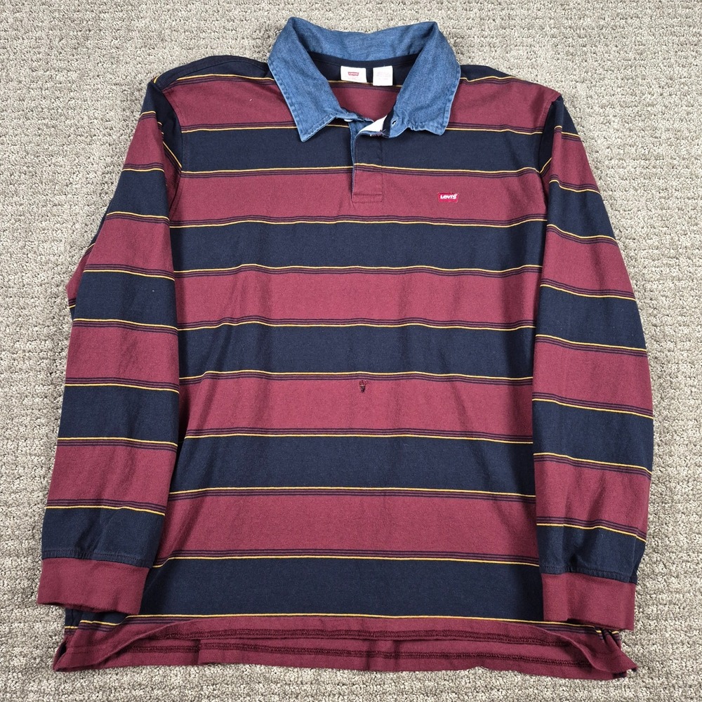 Levis Rugby Shirt Mens XXL Blue Red Striped Chambray Collar Long Sleeve Polo